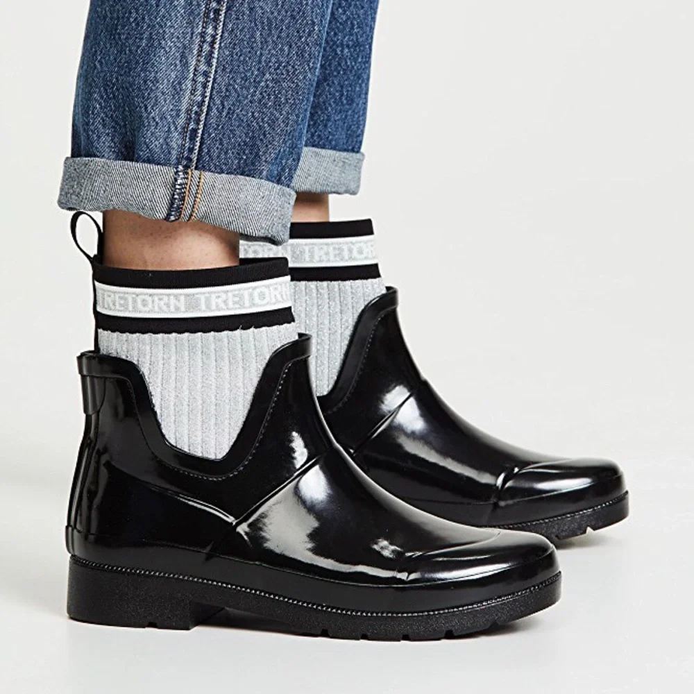 Tretorn Lia Metallic Sock‎ Black Rain Boot 6